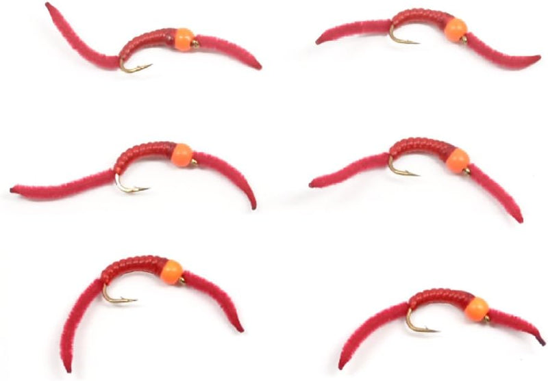 Load image into Gallery viewer, San Juan Worm Hot Orange Bead Power Worm Red V-Rib - Set of 6 Nymph Flies Hook Size 12