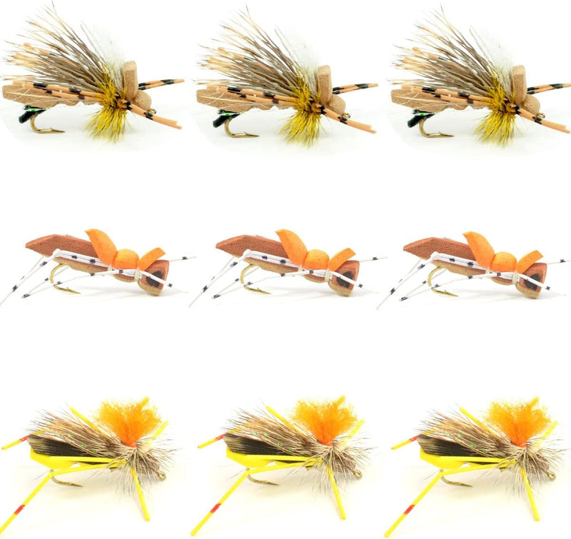 Load image into Gallery viewer, Grasshopper Trout Flies Assortment Foam Hoppers - 9 Flies Size 10
