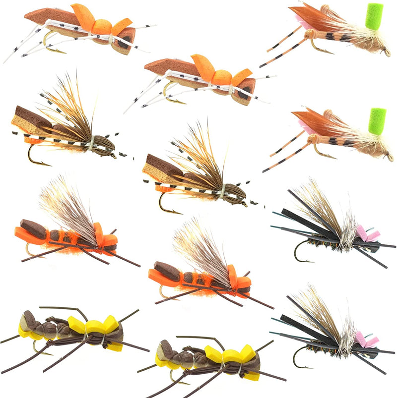 Load image into Gallery viewer, Foam Hopper Fly Fishing Flies Assortment - 12 Flies - 2 Each of 6 Grasshopper Dropper Hopper with Fly Box