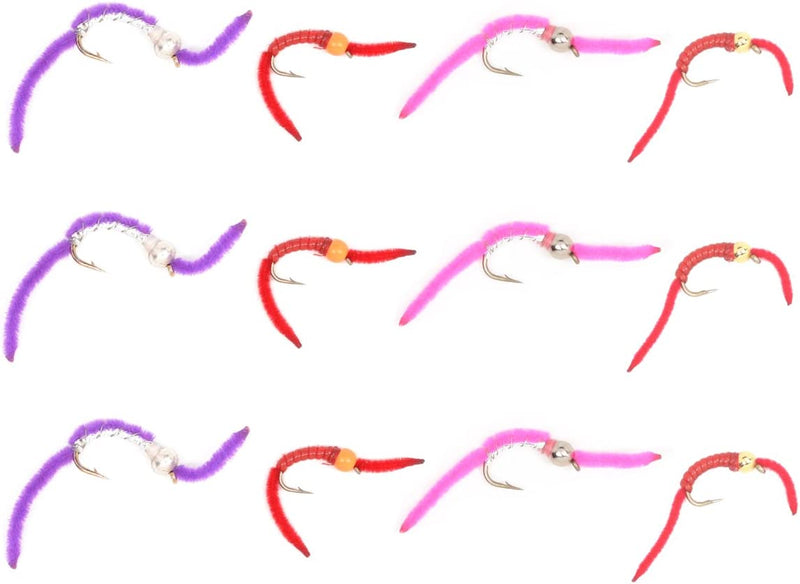 Load image into Gallery viewer, Trout Fly Assortment - San Juan Worm Power Bead Wet Nymph Fly Fishing Flies - 1 Dozen Hook Size 10 - 3 Each of 4 Patterns
