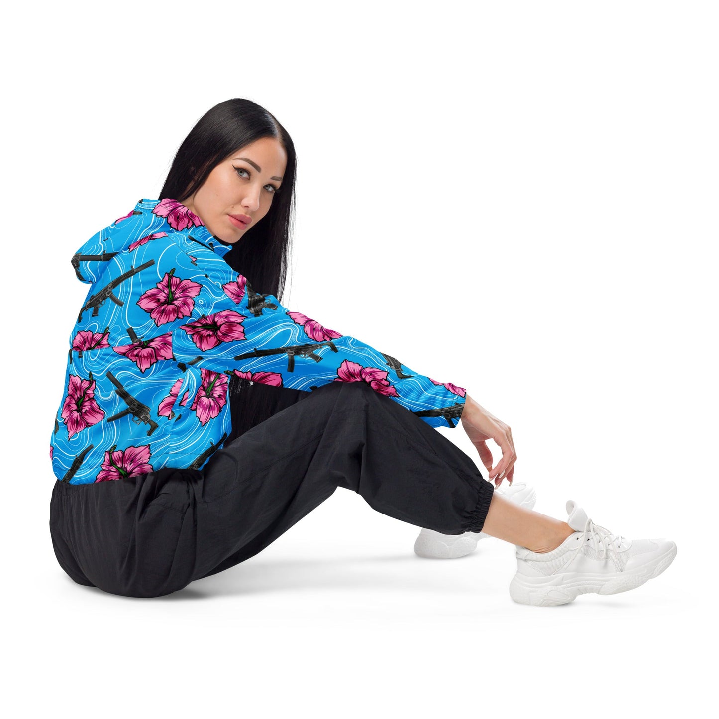Rad Palm High Capacity Hibiscus Blue Women’s Cropped Windbreaker