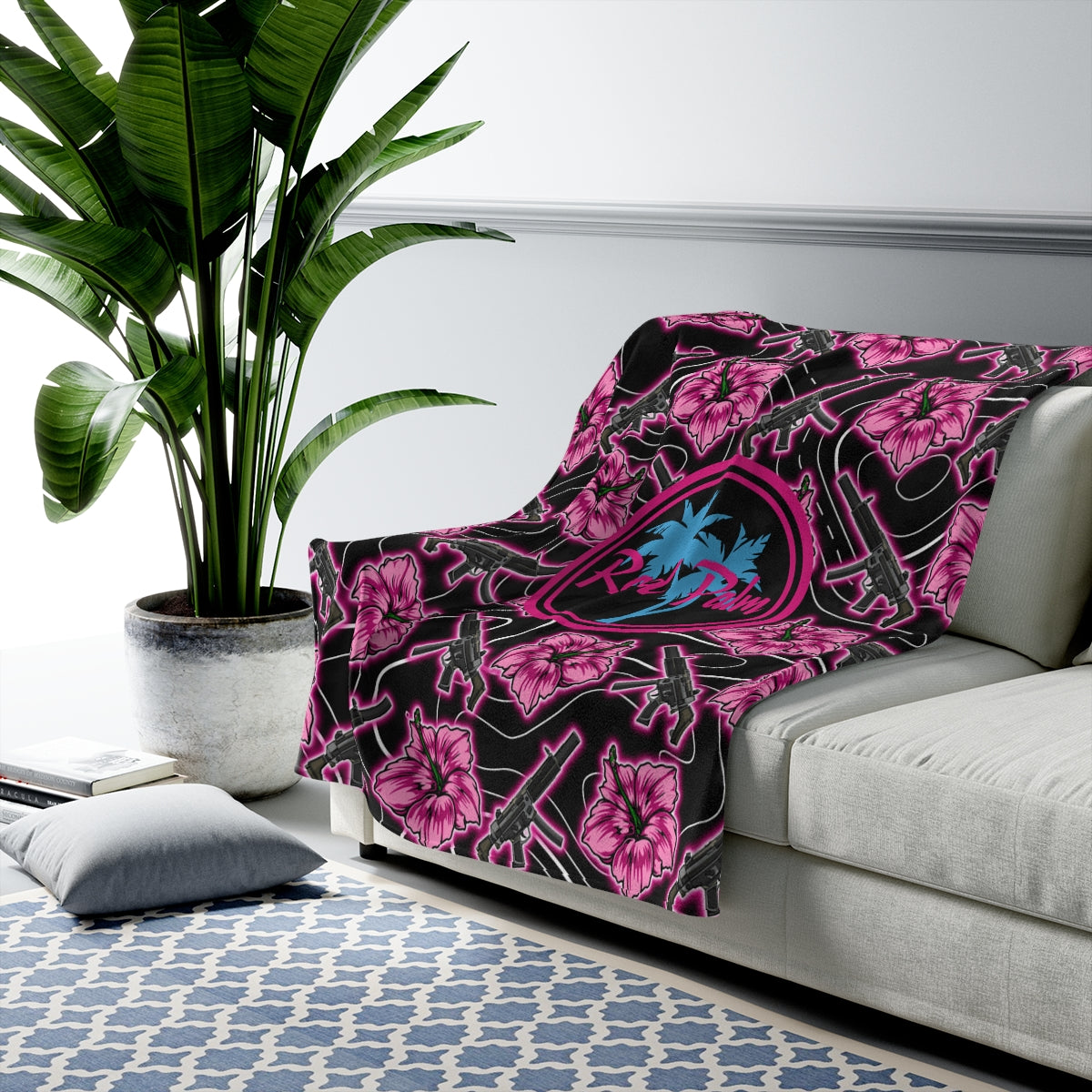 Rad Palm High Capacity Hibiscus Black Neon Velveteen Plush Blanket