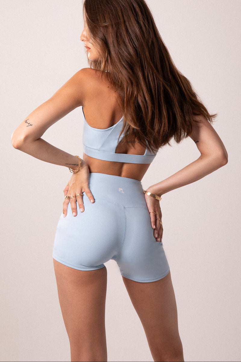 Load image into Gallery viewer, Women's Sculpting Workout Shorts 5 Inch - Baby Blue | Criss-Cross Waistband with Pocket