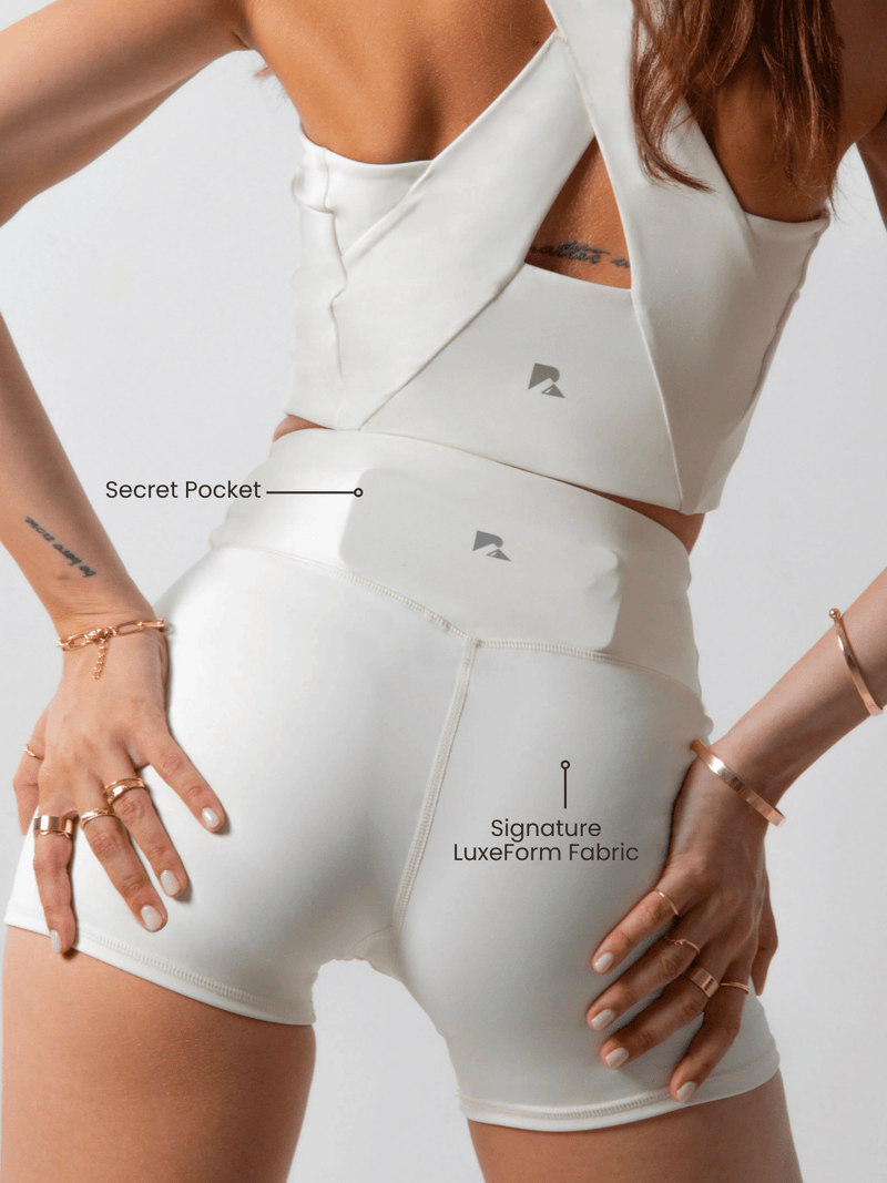 Load image into Gallery viewer, Women's Sculpting Workout Shorts 5 Inch - Beige | Criss-Cross Waistband with Pocket
