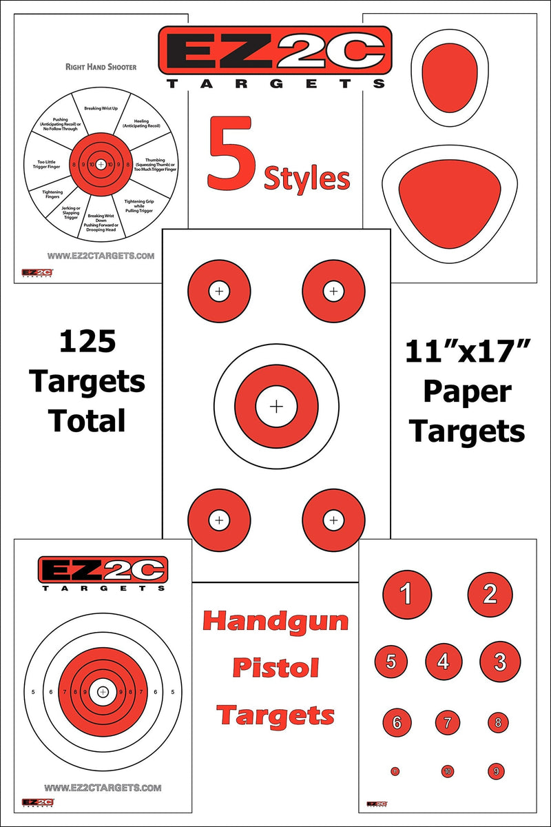 Load image into Gallery viewer, 125 EZ2C Targets Favorites 5 Handgun Styles Paper Targets Bundle 11"x17" USA Made