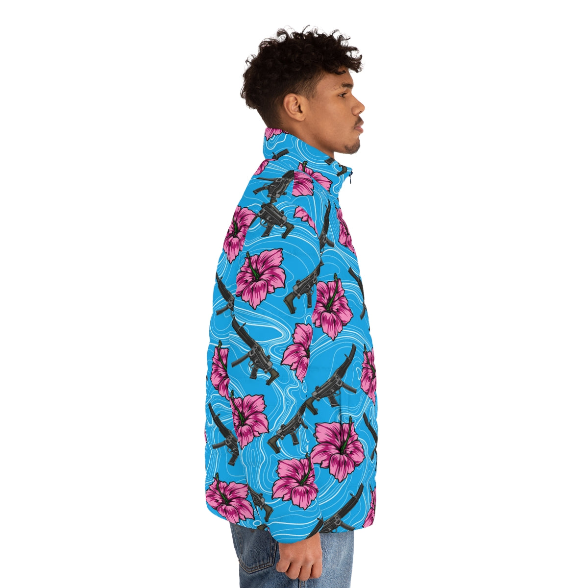 Rad Palm High Capacity Hibiscus Blue Men's Puffer Jacket