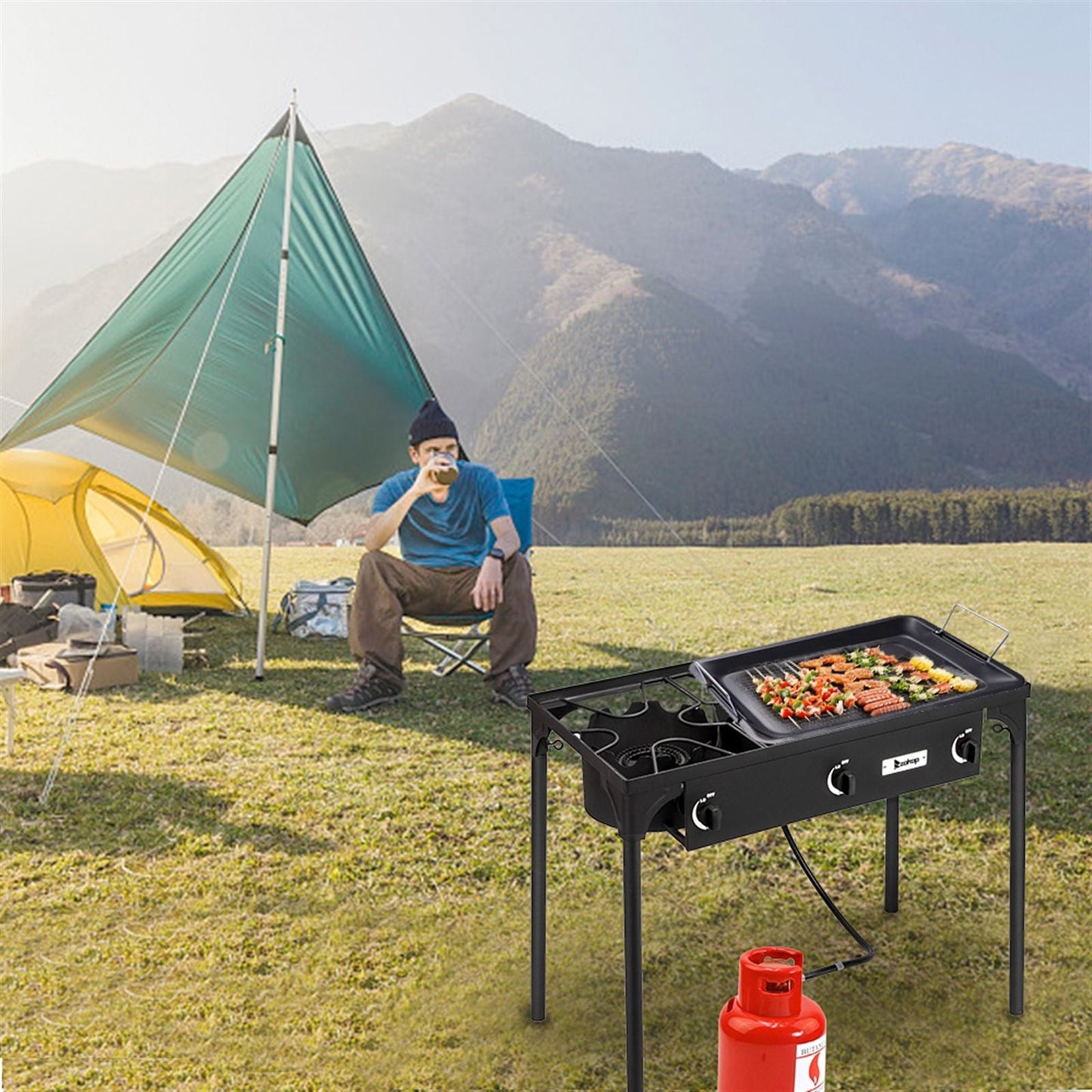 225,000 BTU Outdoor Propane Camp Stove โ 3 Burner Cooker