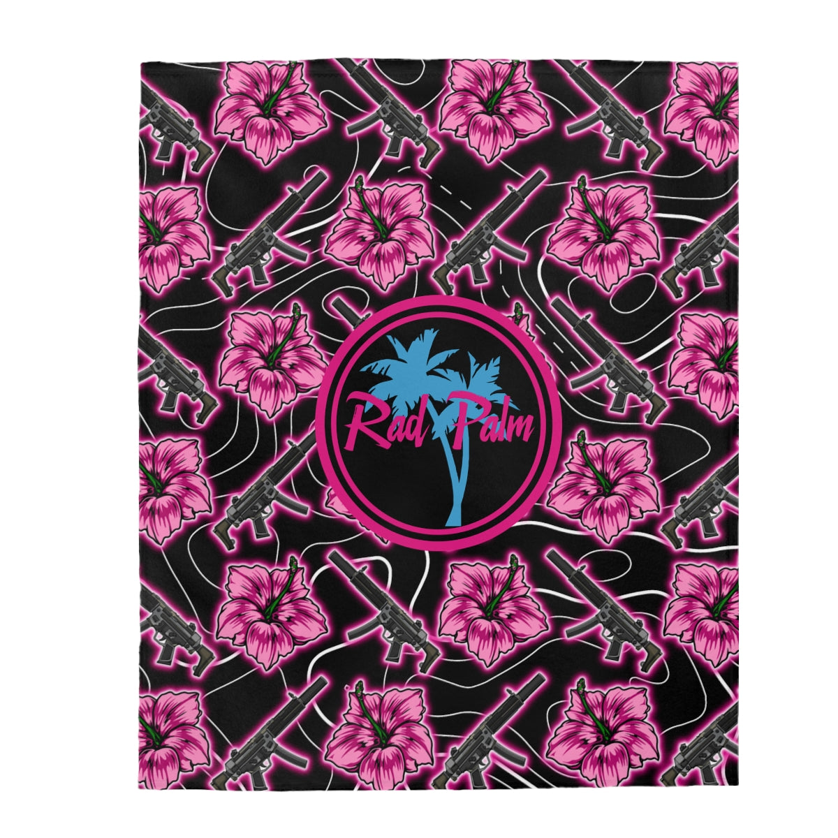 Rad Palm High Capacity Hibiscus Black Neon Velveteen Plush Blanket