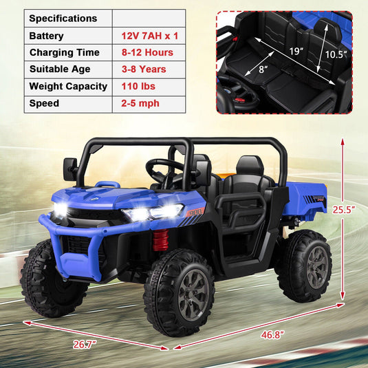 Electric Blue 2 Seater UTV Dump Truck with Remote Control, Dump Bed, and Shovel