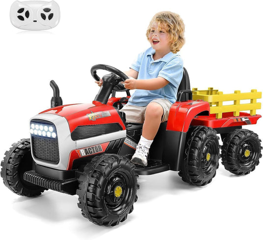 12V Electric Ride On Tractor Car with Trailer and Remote Control - 3 Speeds, 60W Motor