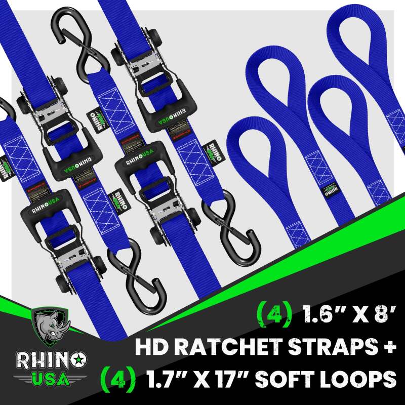 Rhino USA Heavy Duty Ratchet Tie-Down 4-Pack (Blue) 1.6In X 8Ft