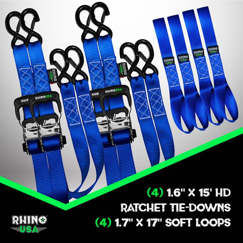 Rhino USA Heavy Duty Ratchet Tie-Down 4-Pack Blue 1.6In X 15Ft