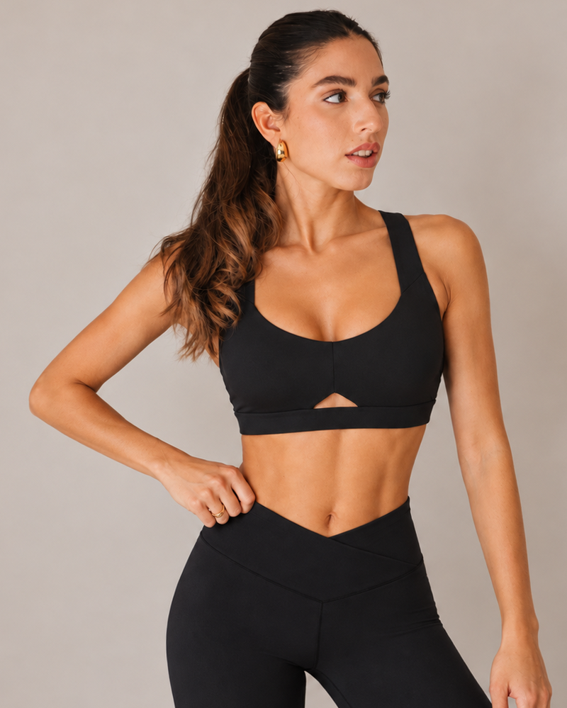 Load image into Gallery viewer, Women's Heart Neckline Sports Bra - Black | LuxeForm Strong Support