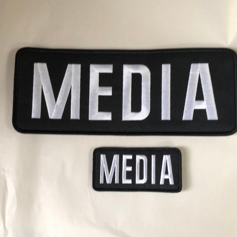Load image into Gallery viewer, (Two) MEDIA Patches (4” x 10”) and (2”x4”) Hook and Loop