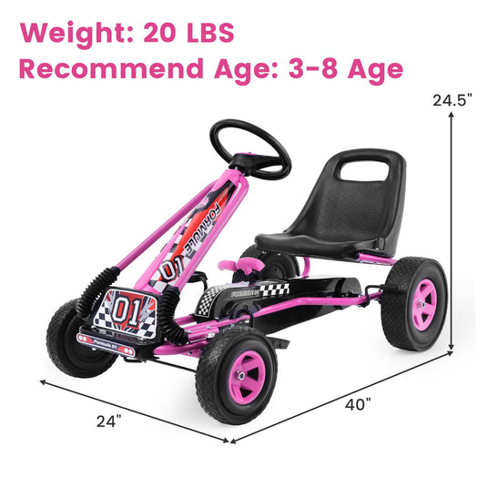 Kids' Pink Pedal-Powered Go Kart with Adjustable Seat - Honeyjoy 4-Wheel Ride-On Toy