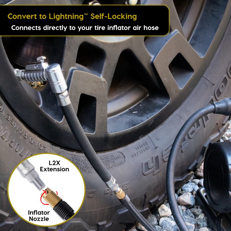 Load image into Gallery viewer, Lightning™ L2X Quick-Connect Locking Tire Inflator Air Chuck Extension | Patented Lock-on Compressor Hose Attachment (Open Flow)