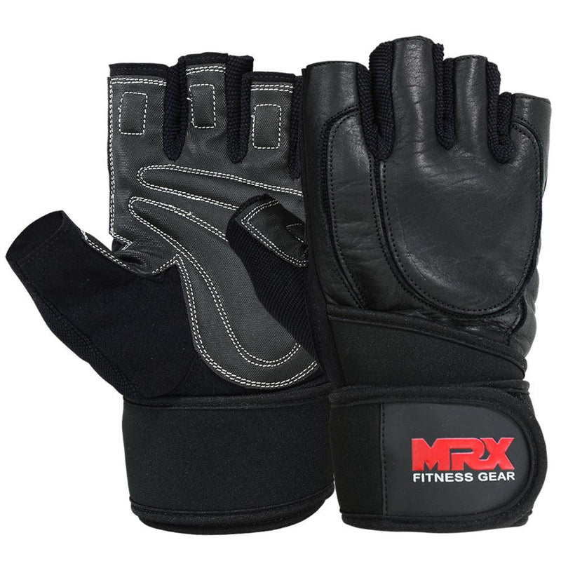Load image into Gallery viewer, MRX Weight Lifting Gloves Long Wrist Straps Gym Training Leather Black All Sizes