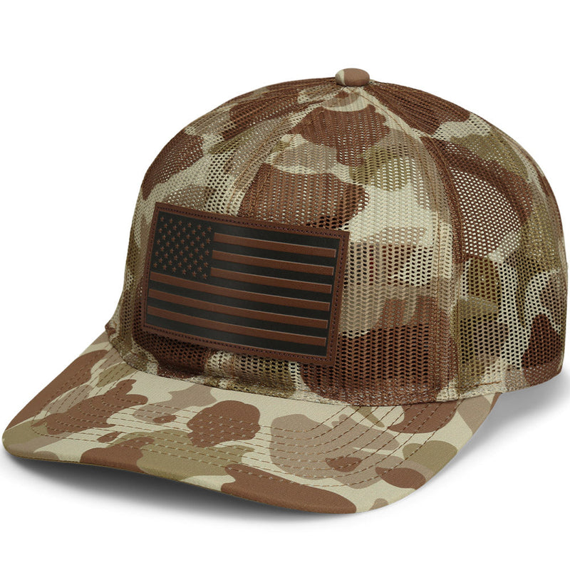 Load image into Gallery viewer, Old School Desert Camo All Mesh Leather Patch American Flag Hat