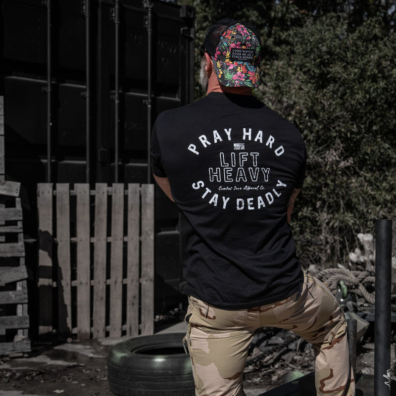 Load image into Gallery viewer, Pray Hard. Lift Heavy. Stay Deadly. Men's T-Shirt