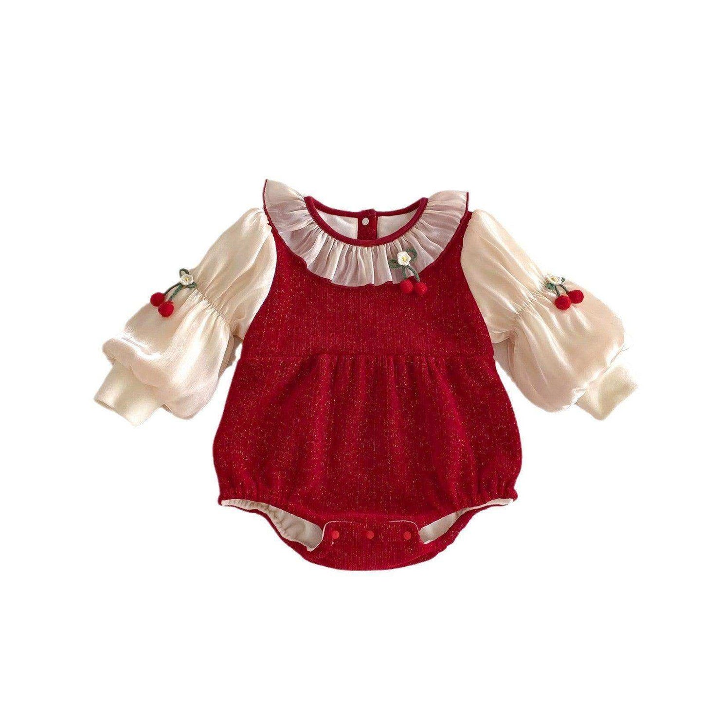 Winter Arrival Baby Girls Cute Cherry Attached Color Patchwork Long Sleeves Onesies - Skoutley Outdoors LLC