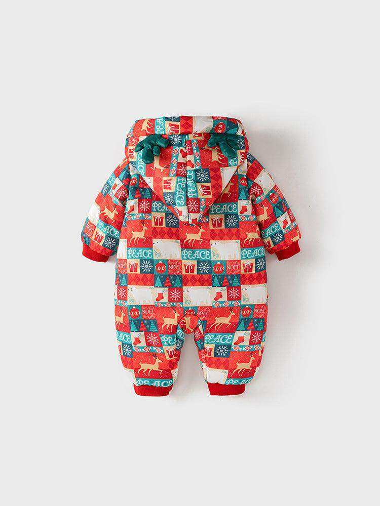 Winter Baby Christmas Red Plaid Patchwork Cartoon Thick Romper With Hood - Skoutley Outdoors LLC