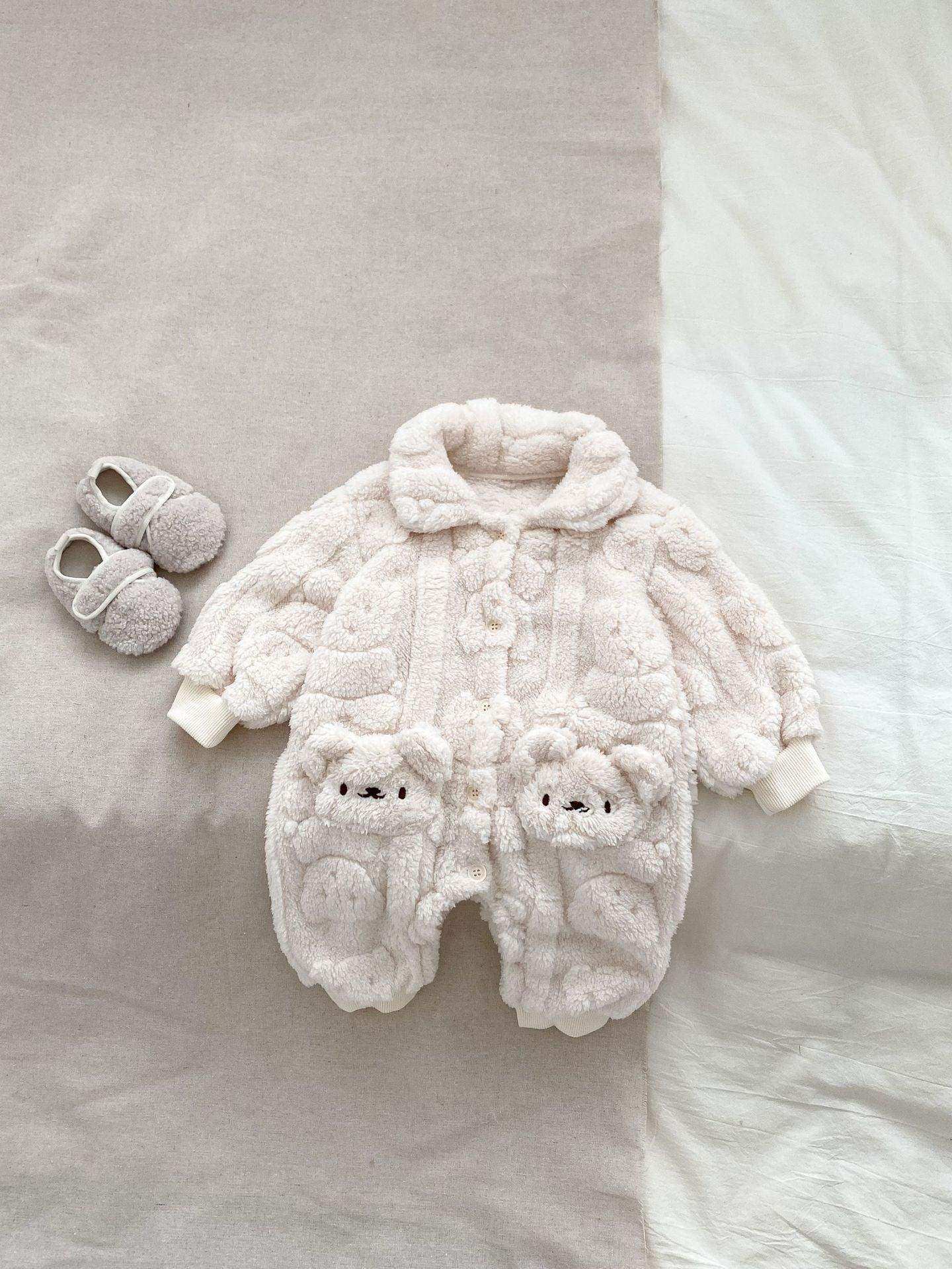 Winter Infant Baby Lovely Teddy Bear Cartoon Pattern Turndown Collar Thermal Pajamas Romper - Skoutley Outdoors LLC