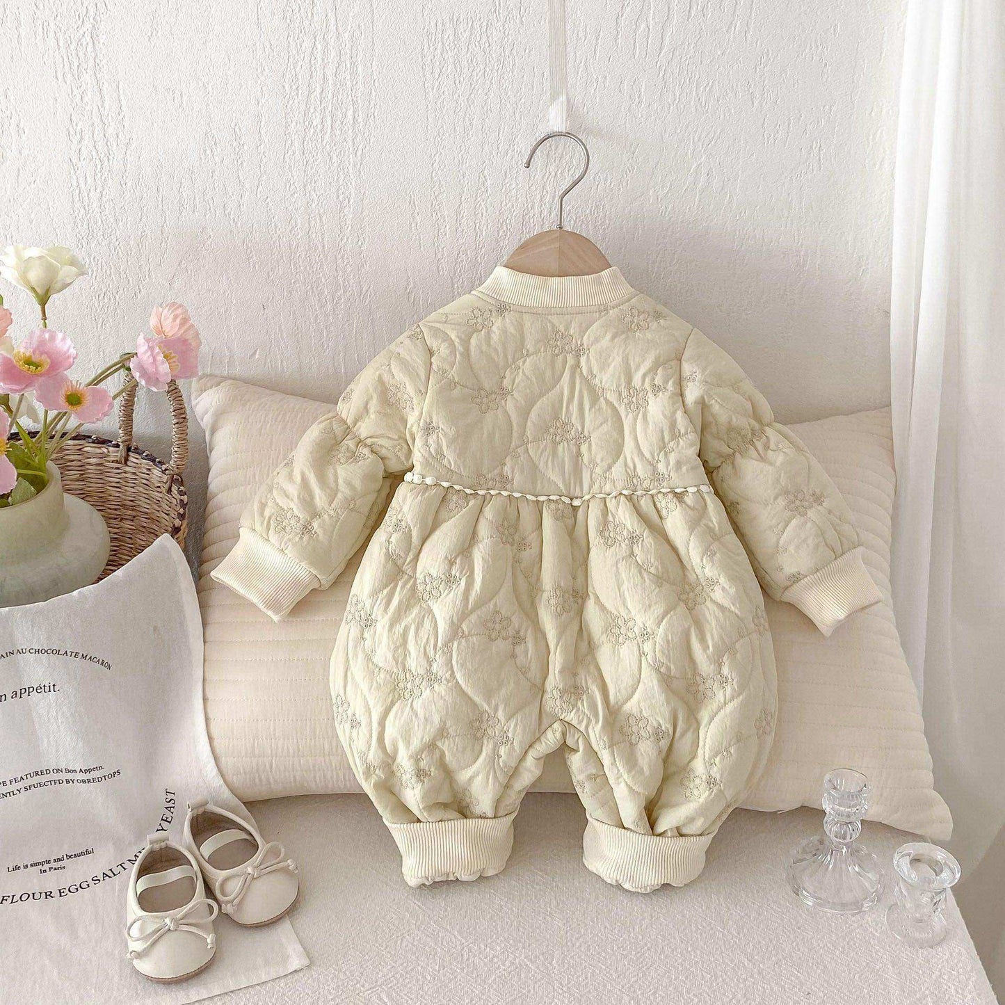 Winter New Arrival Baby Girls Simple Solid Color Floral Embroidered Pattern Warm Padded Thick Romper - Skoutley Outdoors LLC