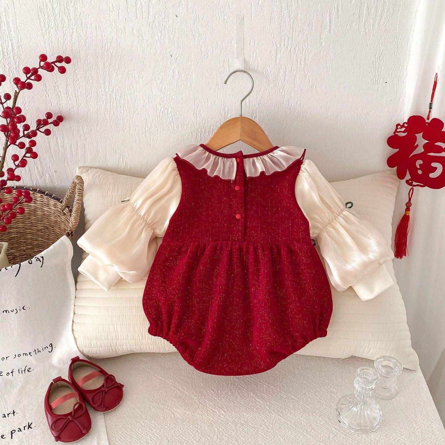 Winter Arrival Baby Girls Cute Cherry Attached Color Patchwork Long Sleeves Onesies - Skoutley Outdoors LLC
