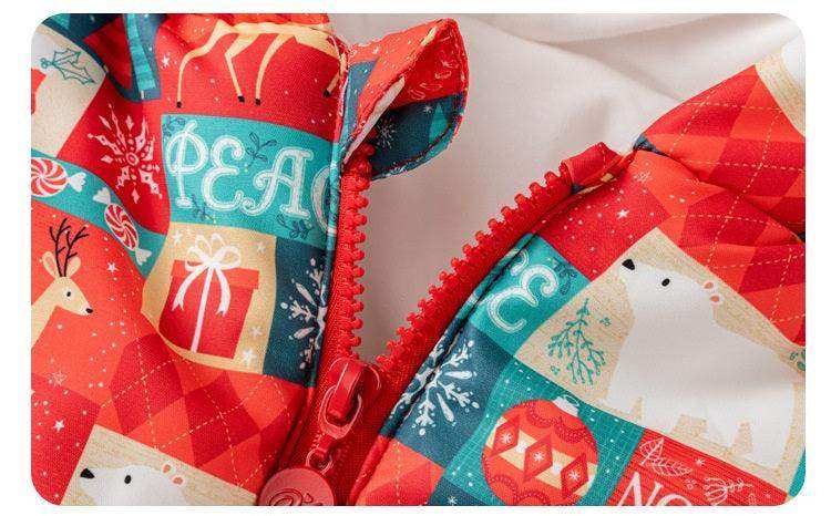 Winter Baby Christmas Red Plaid Patchwork Cartoon Thick Romper With Hood - Skoutley Outdoors LLC
