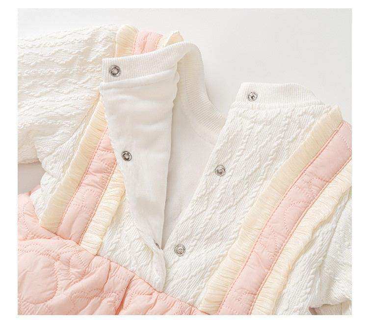 Winter Baby Thick Home Clothes Pink-White Patchwork Romper With Hat - Skoutley Outdoors LLC