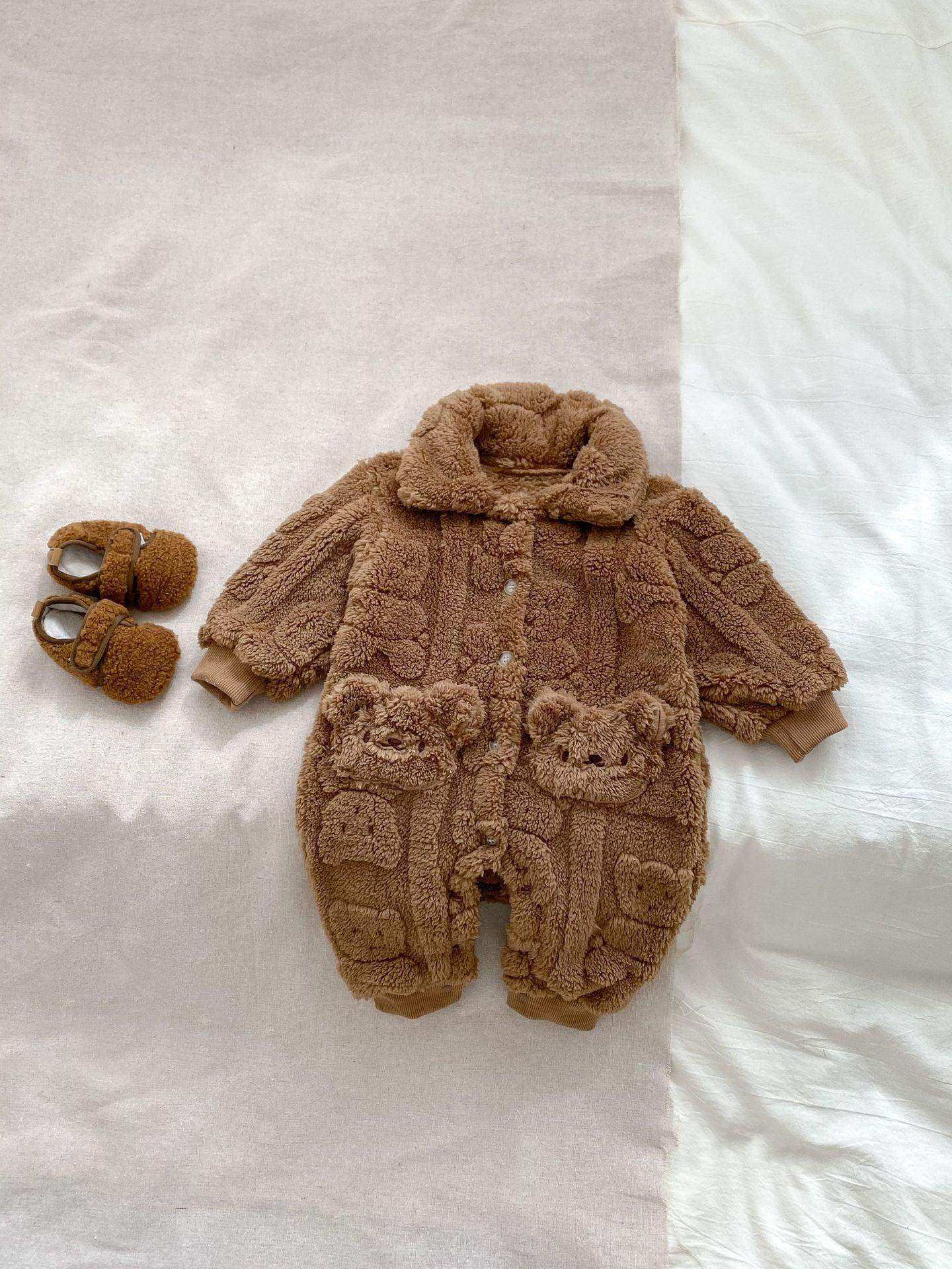 Winter Infant Baby Lovely Teddy Bear Cartoon Pattern Turndown Collar Thermal Pajamas Romper - Skoutley Outdoors LLC