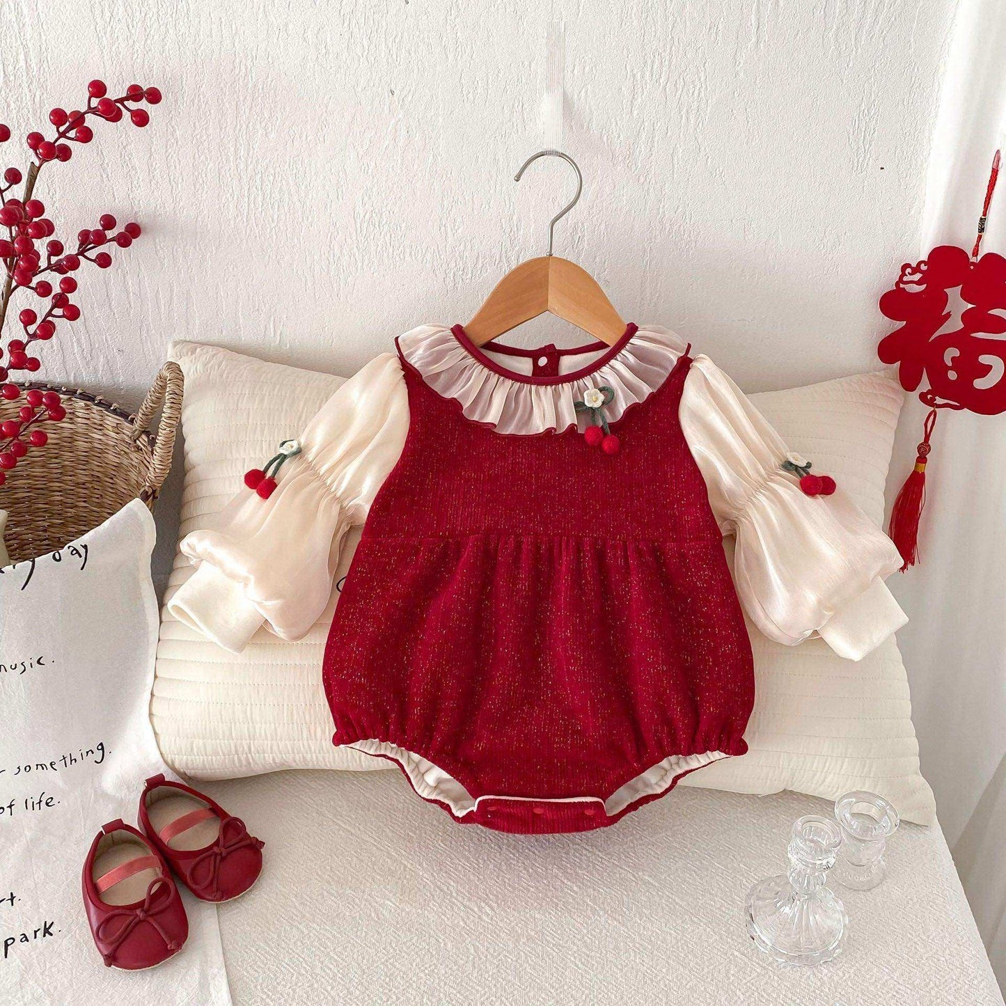 Winter Arrival Baby Girls Cute Cherry Attached Color Patchwork Long Sleeves Onesies - Skoutley Outdoors LLC