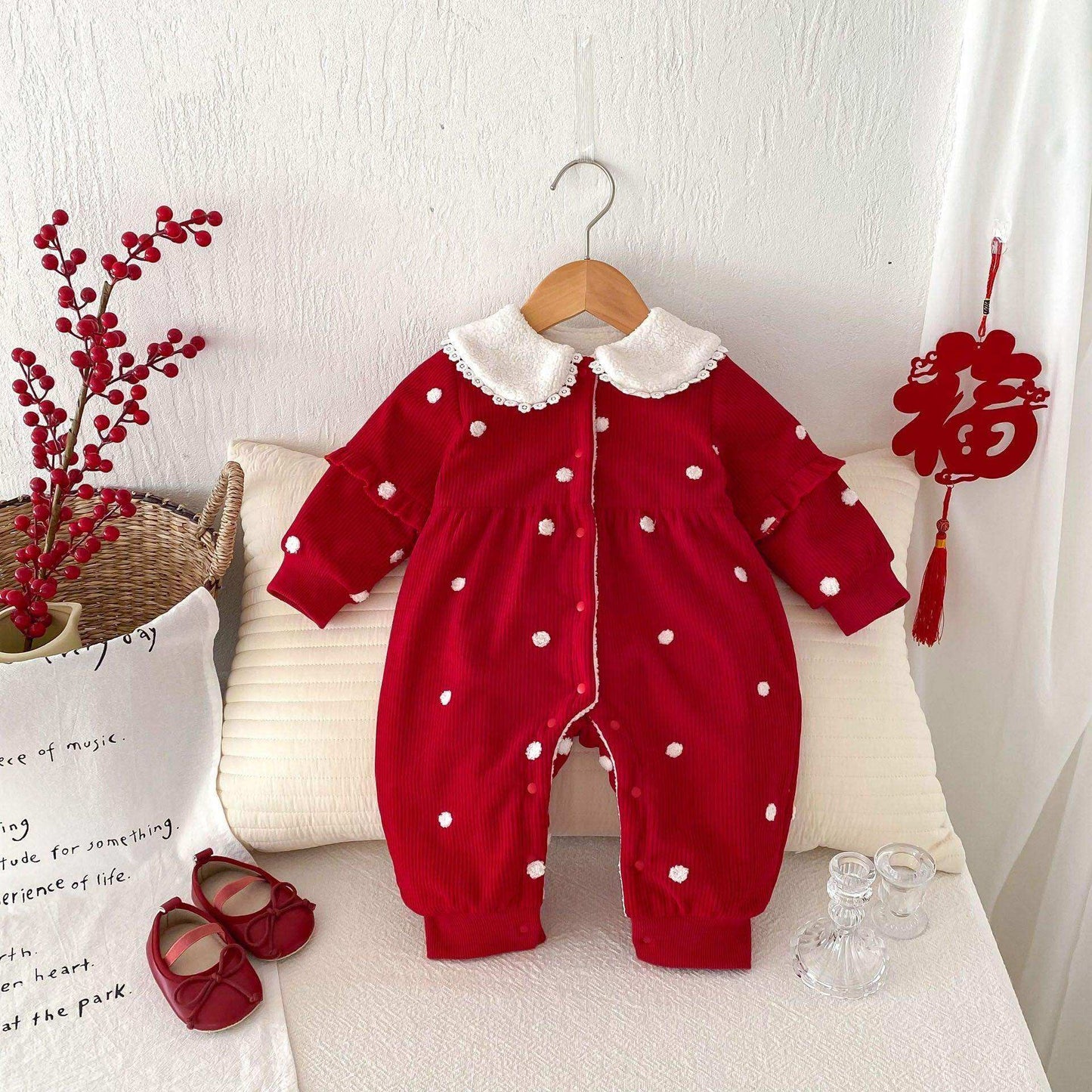 Winter Arrival Baby Cute Polka Dots Warm Fleece Rompers - Skoutley Outdoors LLC