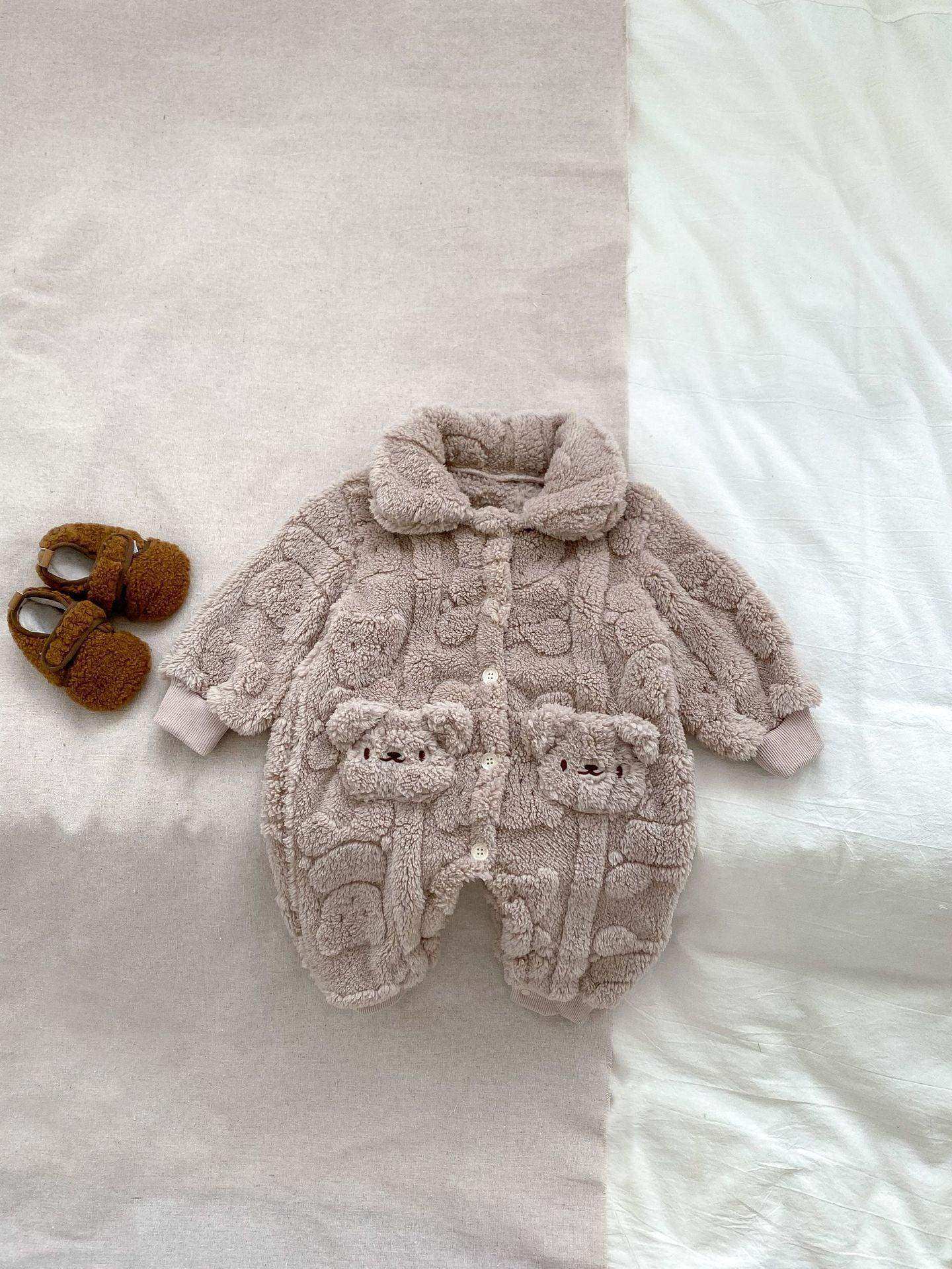 Winter Infant Baby Lovely Teddy Bear Cartoon Pattern Turndown Collar Thermal Pajamas Romper - Skoutley Outdoors LLC