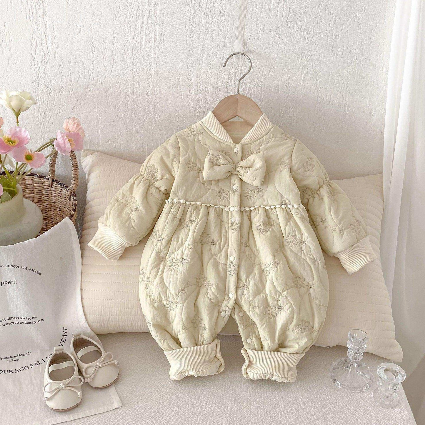 Winter New Arrival Baby Girls Simple Solid Color Floral Embroidered Pattern Warm Padded Thick Romper - Skoutley Outdoors LLC