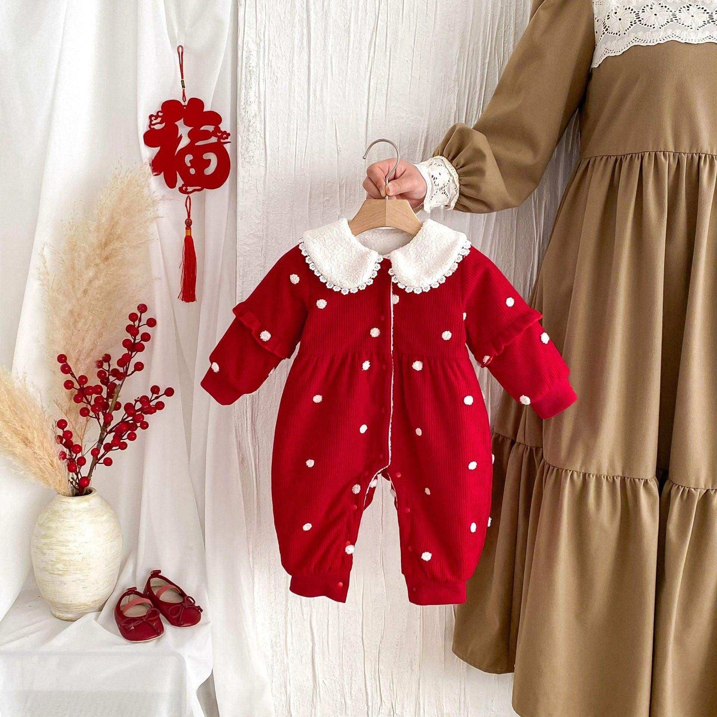 Winter Arrival Baby Cute Polka Dots Warm Fleece Rompers - Skoutley Outdoors LLC