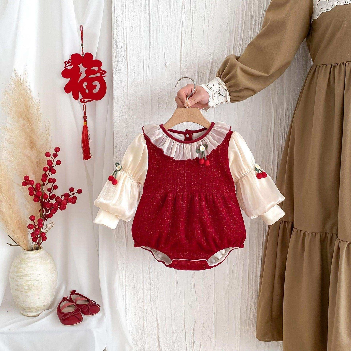 Winter Arrival Baby Girls Cute Cherry Attached Color Patchwork Long Sleeves Onesies - Skoutley Outdoors LLC