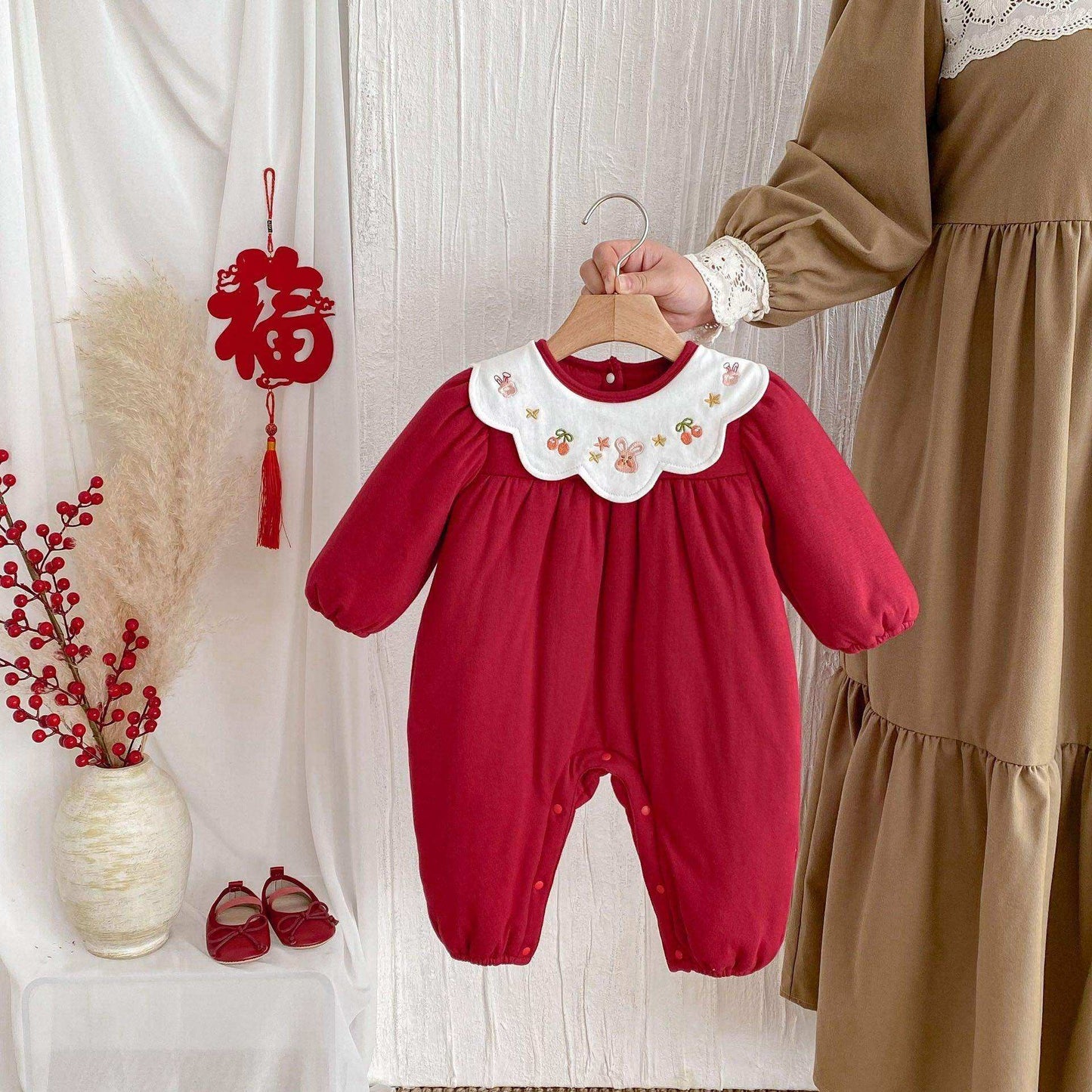 Winter New Arrival Baby Girls Cute Rabbits and Fruits Embroidered Pattern Warm Padded Thick Romper - Skoutley Outdoors LLC