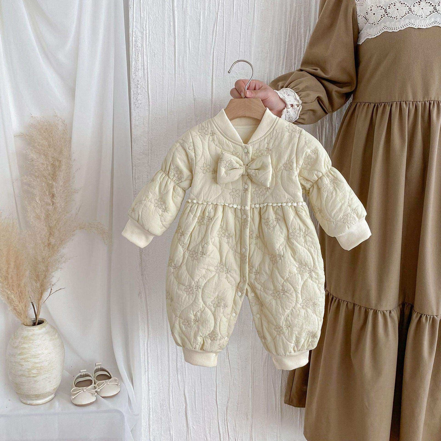 Winter New Arrival Baby Girls Simple Solid Color Floral Embroidered Pattern Warm Padded Thick Romper - Skoutley Outdoors LLC