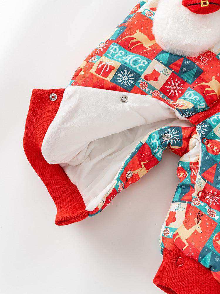 Winter Baby Christmas Red Plaid Patchwork Cartoon Thick Romper With Hood - Skoutley Outdoors LLC