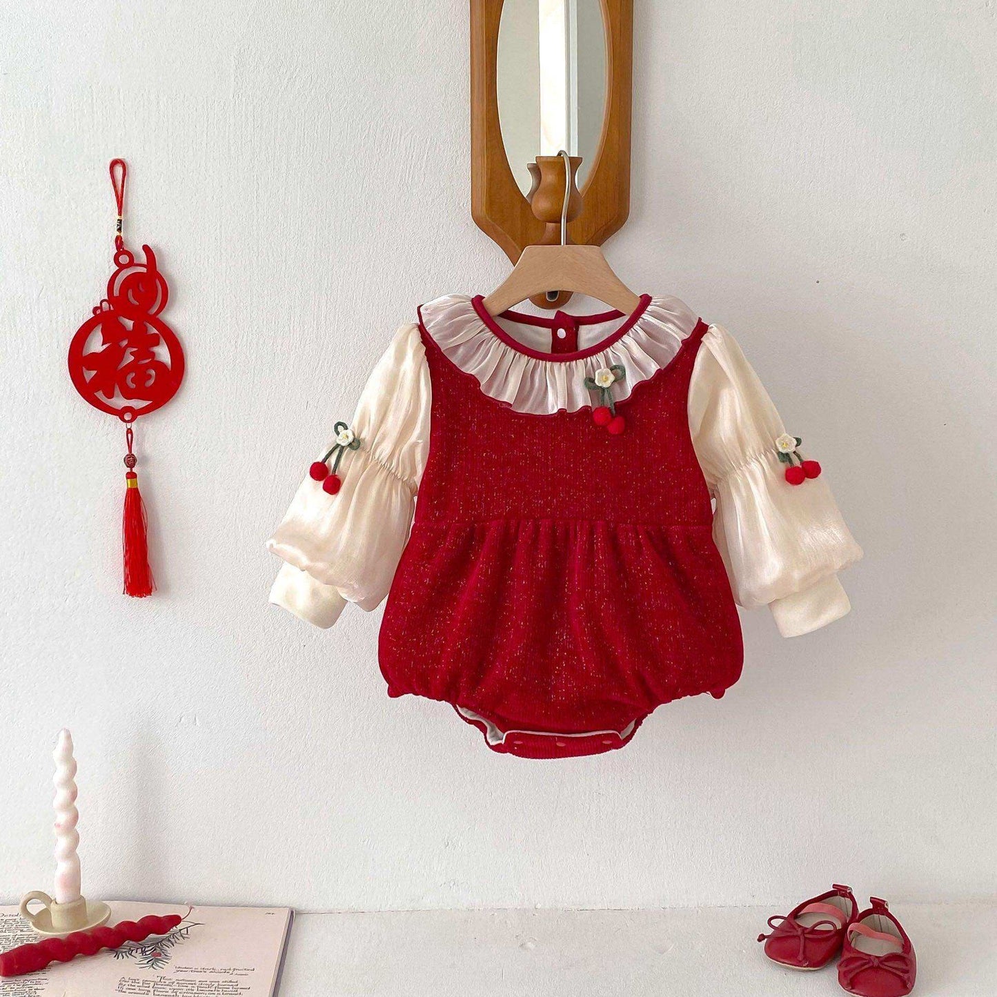 Winter Arrival Baby Girls Cute Cherry Attached Color Patchwork Long Sleeves Onesies - Skoutley Outdoors LLC