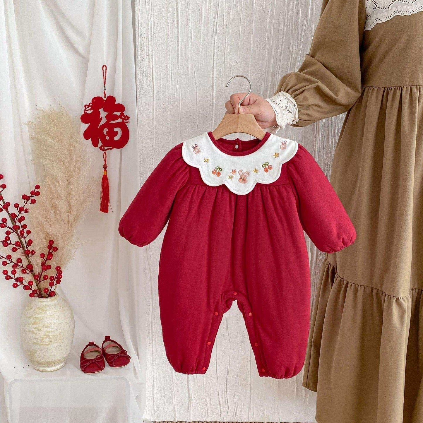 Winter New Arrival Baby Girls Cute Rabbits and Fruits Embroidered Pattern Warm Padded Thick Romper - Skoutley Outdoors LLC