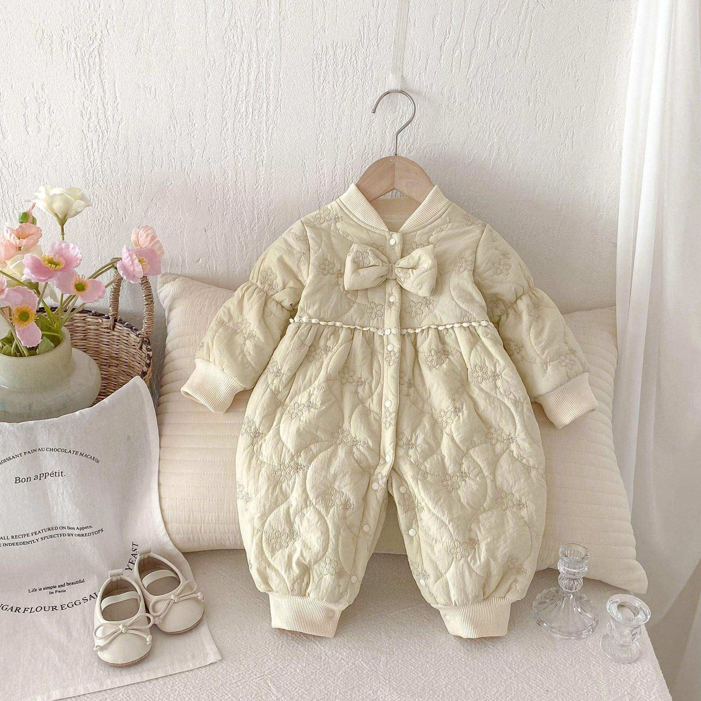 Winter New Arrival Baby Girls Simple Solid Color Floral Embroidered Pattern Warm Padded Thick Romper - Skoutley Outdoors LLC