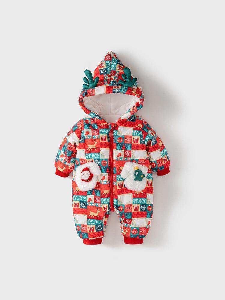 Winter Baby Christmas Red Plaid Patchwork Cartoon Thick Romper With Hood - Skoutley Outdoors LLC