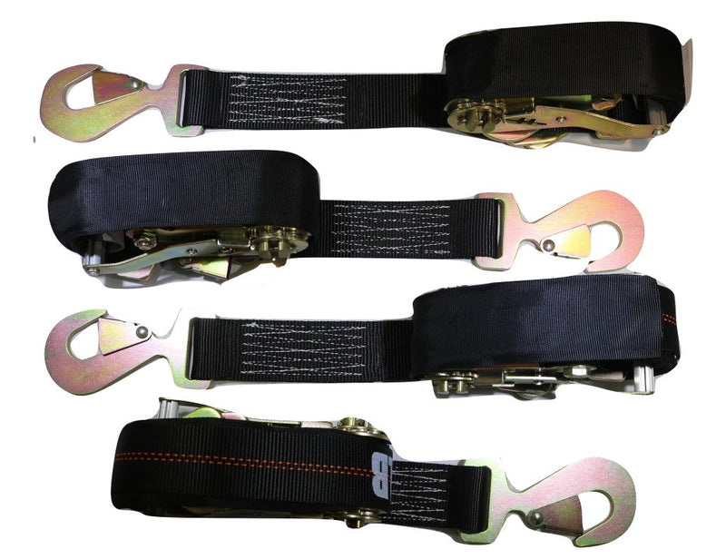 Load image into Gallery viewer, Qty 4 Axle Strap Tie Downs 24" Long & Qty 4 Ratchet Tow Straps Car Haulers, BLACK | R208ATDBK/AS24BK