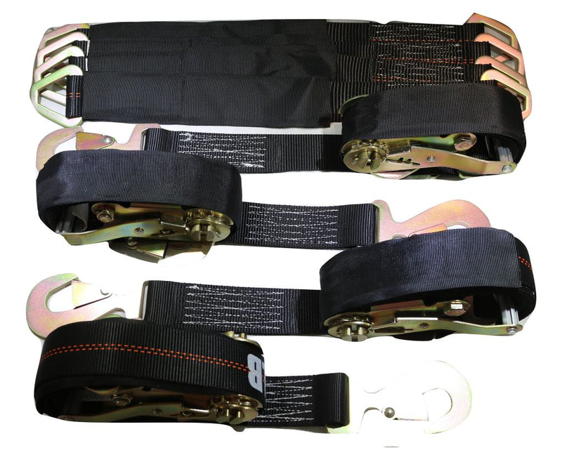 Load image into Gallery viewer, Qty 4 Axle Strap Tie Downs 24" Long & Qty 4 Ratchet Tow Straps Car Haulers, BLACK | R208ATDBK/AS24BK