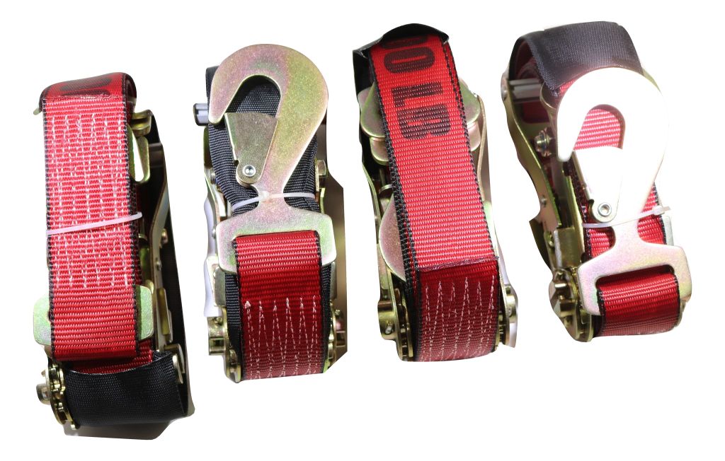 Qty 4 Axle Strap Tie Downs 24" Long & Qty 4 Ratchet Tow Straps Car Haulers | RED