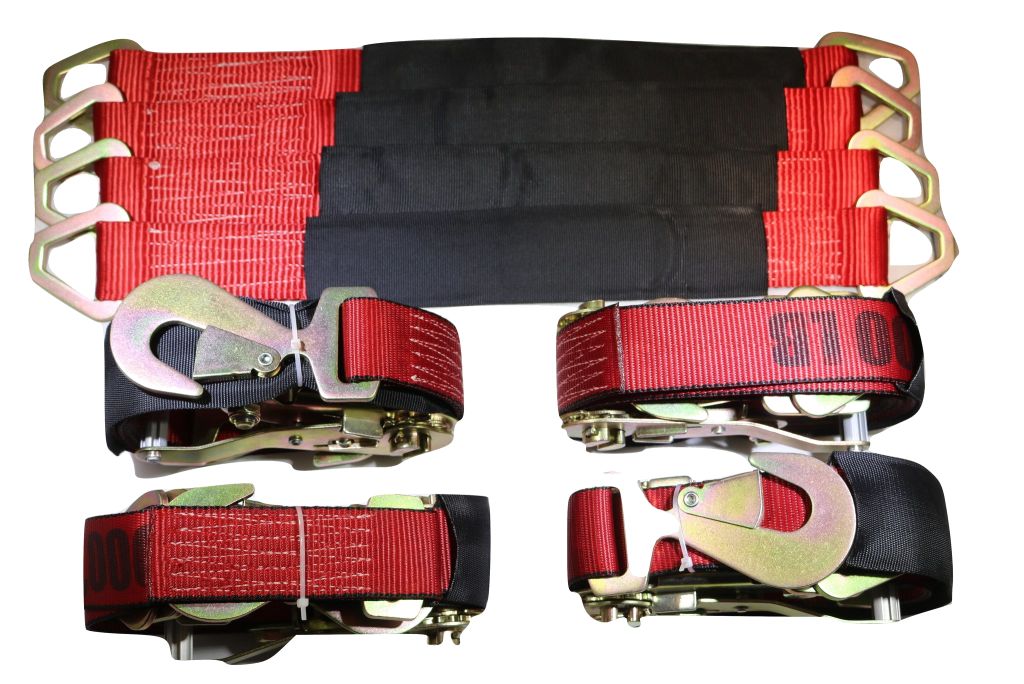 Qty 4 Axle Strap Tie Downs 24" Long & Qty 4 Ratchet Tow Straps Car Haulers | RED