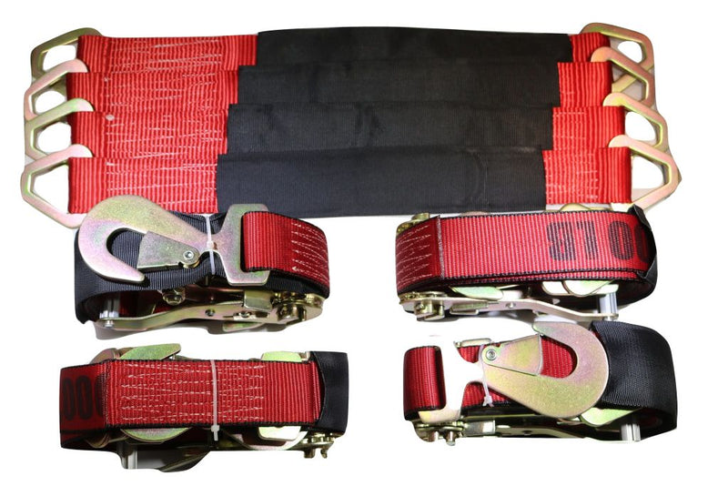 Load image into Gallery viewer, Qty 4 Axle Strap Tie Downs 24" Long & Qty 4 Ratchet Tow Straps Car Haulers | RED