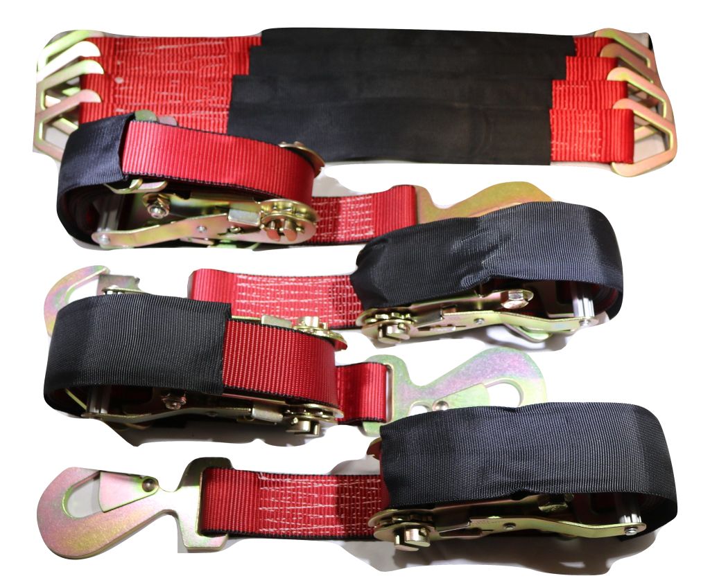Qty 4 Axle Strap Tie Downs 24" Long & Qty 4 Ratchet Tow Straps Car Haulers | RED